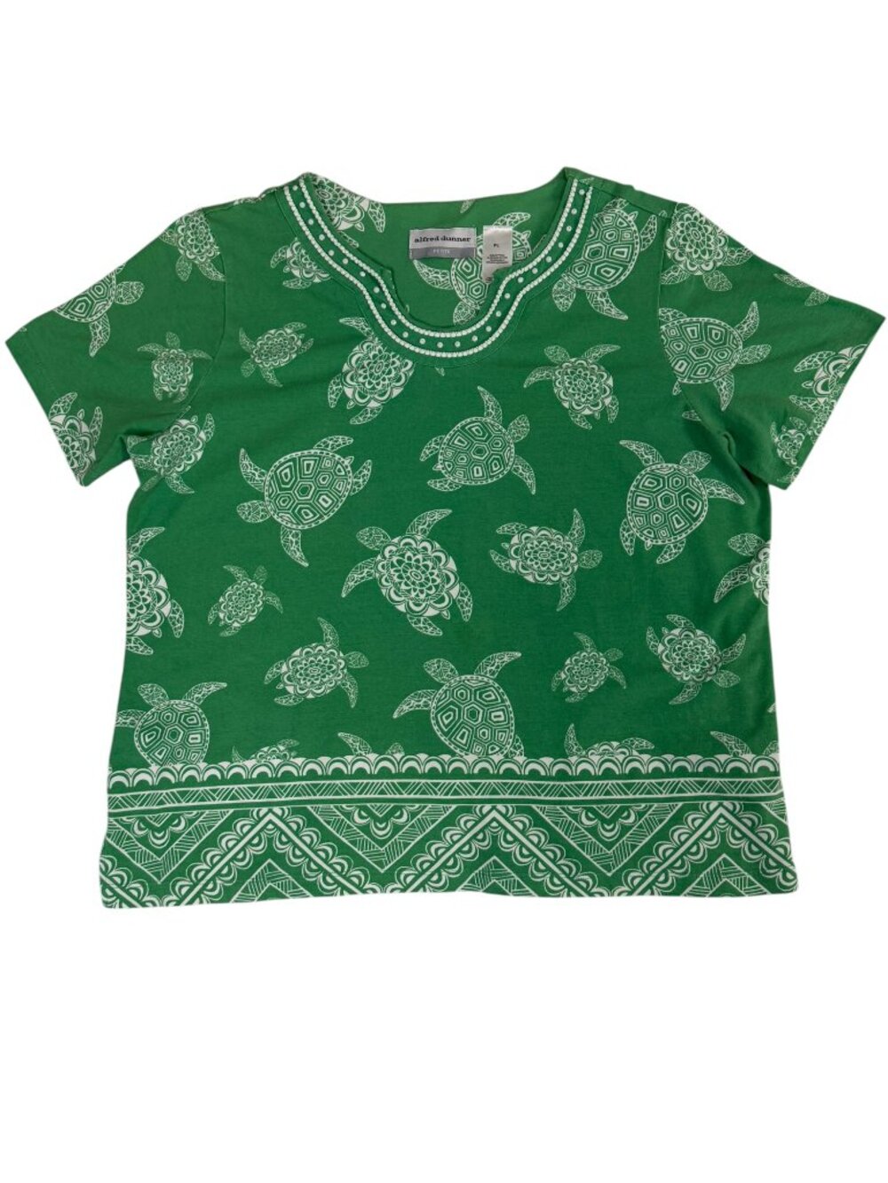 Alfred Dunner Women's Petite Large Sea Turtle Beaded Scoop Neck Top Green - Picture 5 of 10
